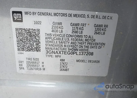 2023 Chevrolet Equinox Awd 2Fl z USA, uszkodzony, nr VIN 3GNAXTEG0PL137208